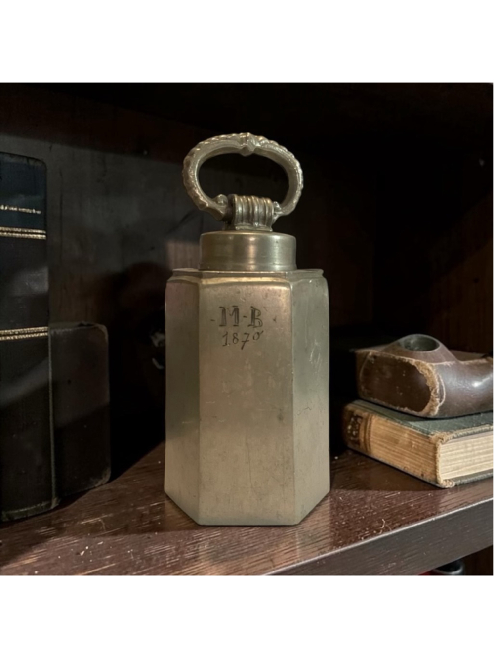 MB 1870 Vintage Pewter Container Intricate Design Inside